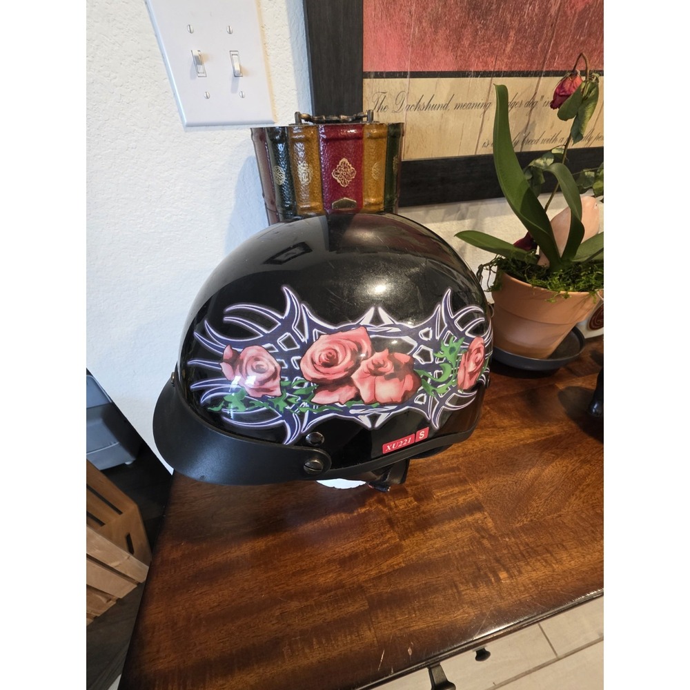 Outlaw Motorcycle Helmet Half Helmet Matte Black with Roses Size Small Moto Bike